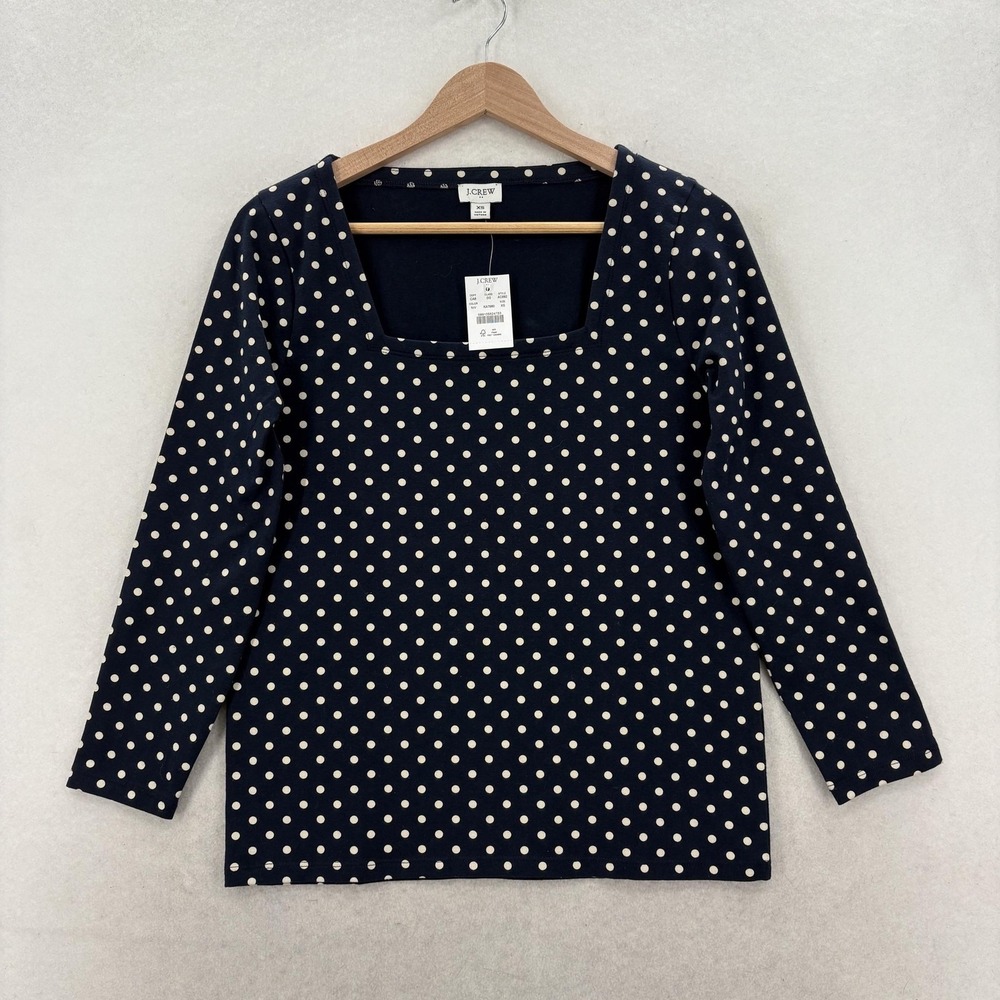 J.Crew Shirt Womens XS Blue Polka Dot Square Neck 3/4 Sleeve Stretch Tee Top NWT